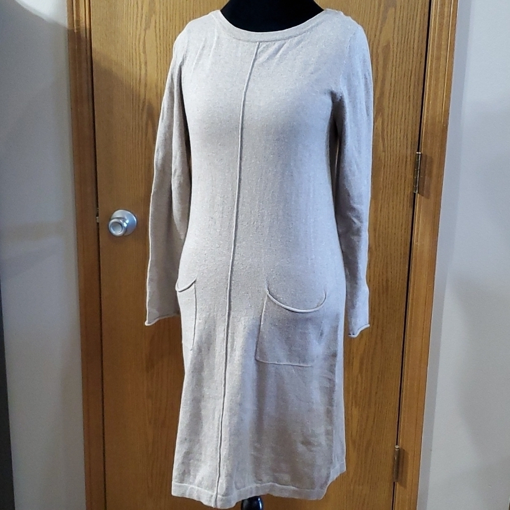 Pure Jill j Jill cashmere cotton lagenlook tan deep pocket knit dress